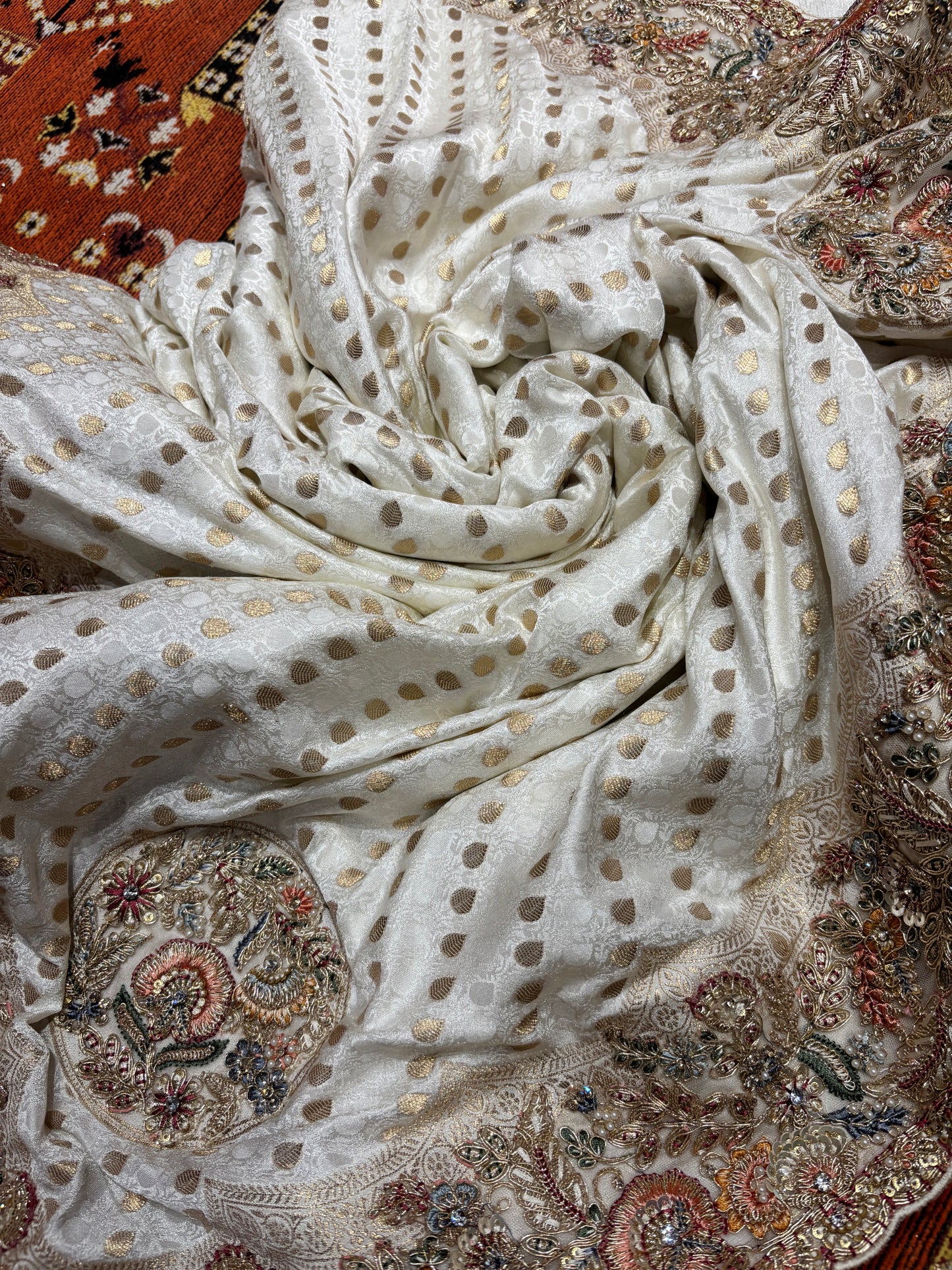 Ivory Zari Embroidered Designer Silk Saree with Heavy Border