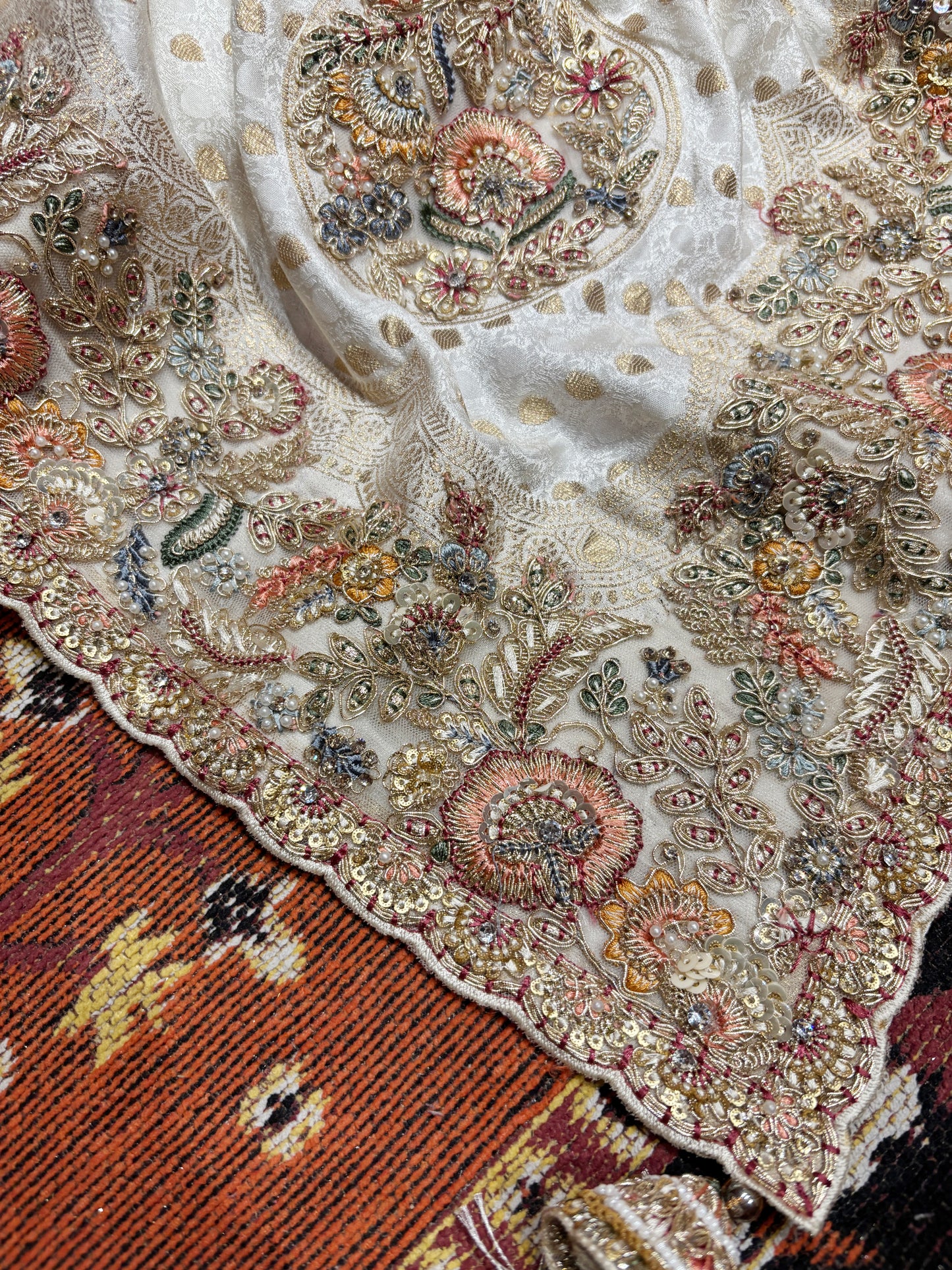 Ivory Zari Embroidered Designer Silk Saree with Heavy Border