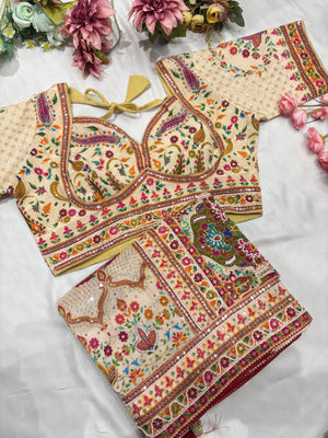 Silk Cream Designer Embroidered Saree with Multicolor Floral Work Blouse