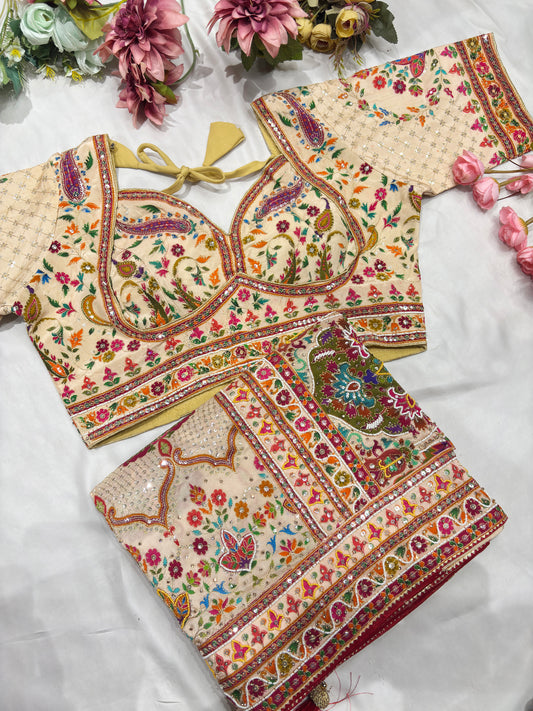 Silk Cream Designer Embroidered Saree with Multicolor Floral Work Blouse