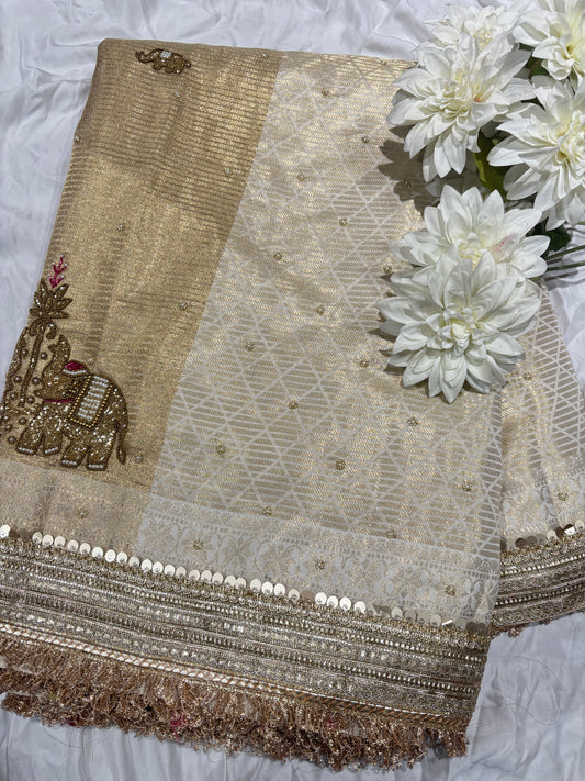 Gold & Ivory Zari  Saree Elephant Motif Border with Dupatta