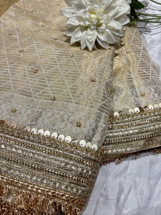 Gold & Ivory Zari  Saree Elephant Motif Border with Dupatta