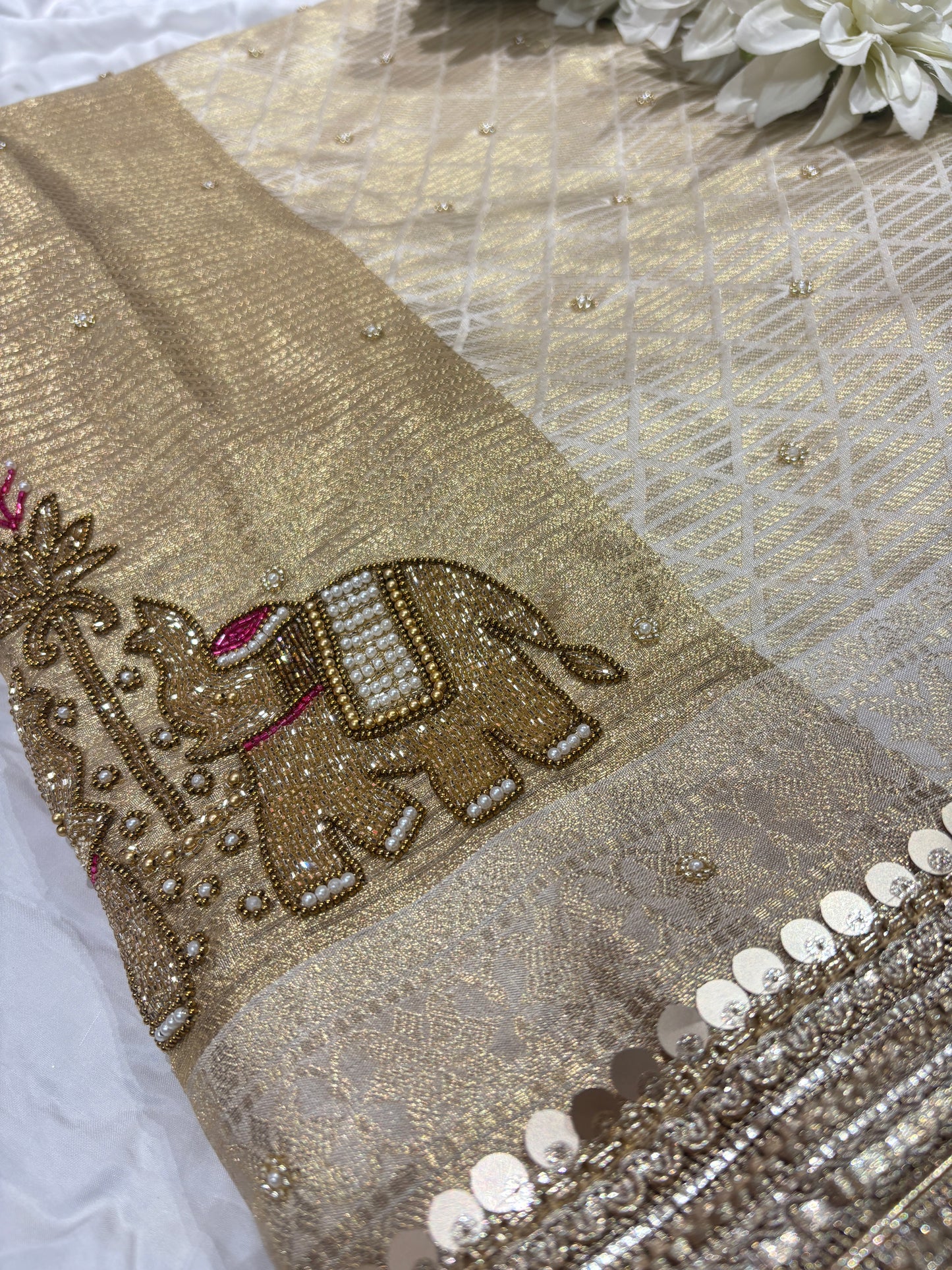 Gold & Ivory Zari  Saree Elephant Motif Border with Dupatta