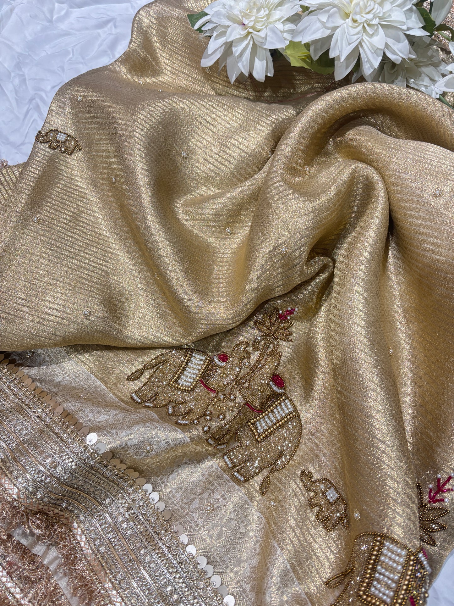 Gold & Ivory Zari  Saree Elephant Motif Border with Dupatta