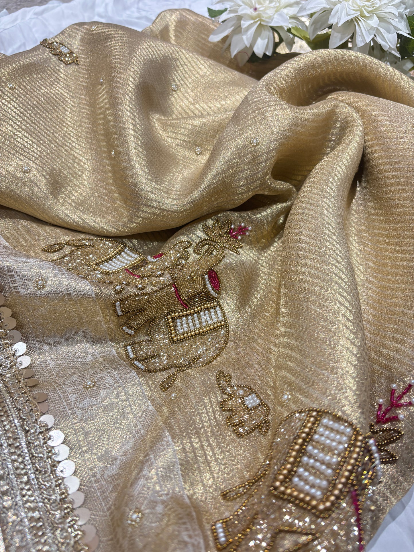 Gold & Ivory Zari  Saree Elephant Motif Border with Dupatta