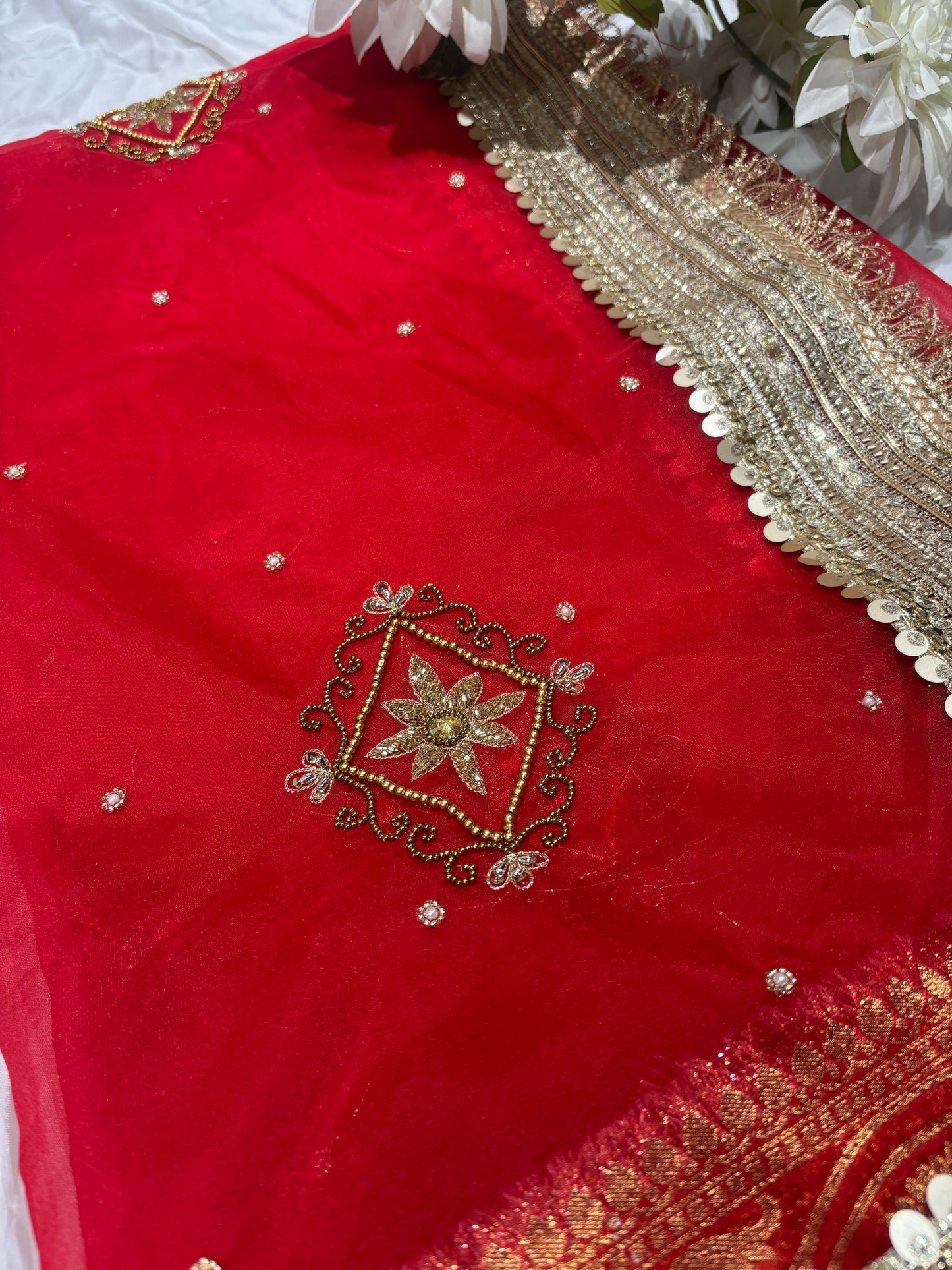 Gold & Ivory Zari  Saree Elephant Motif Border with Dupatta