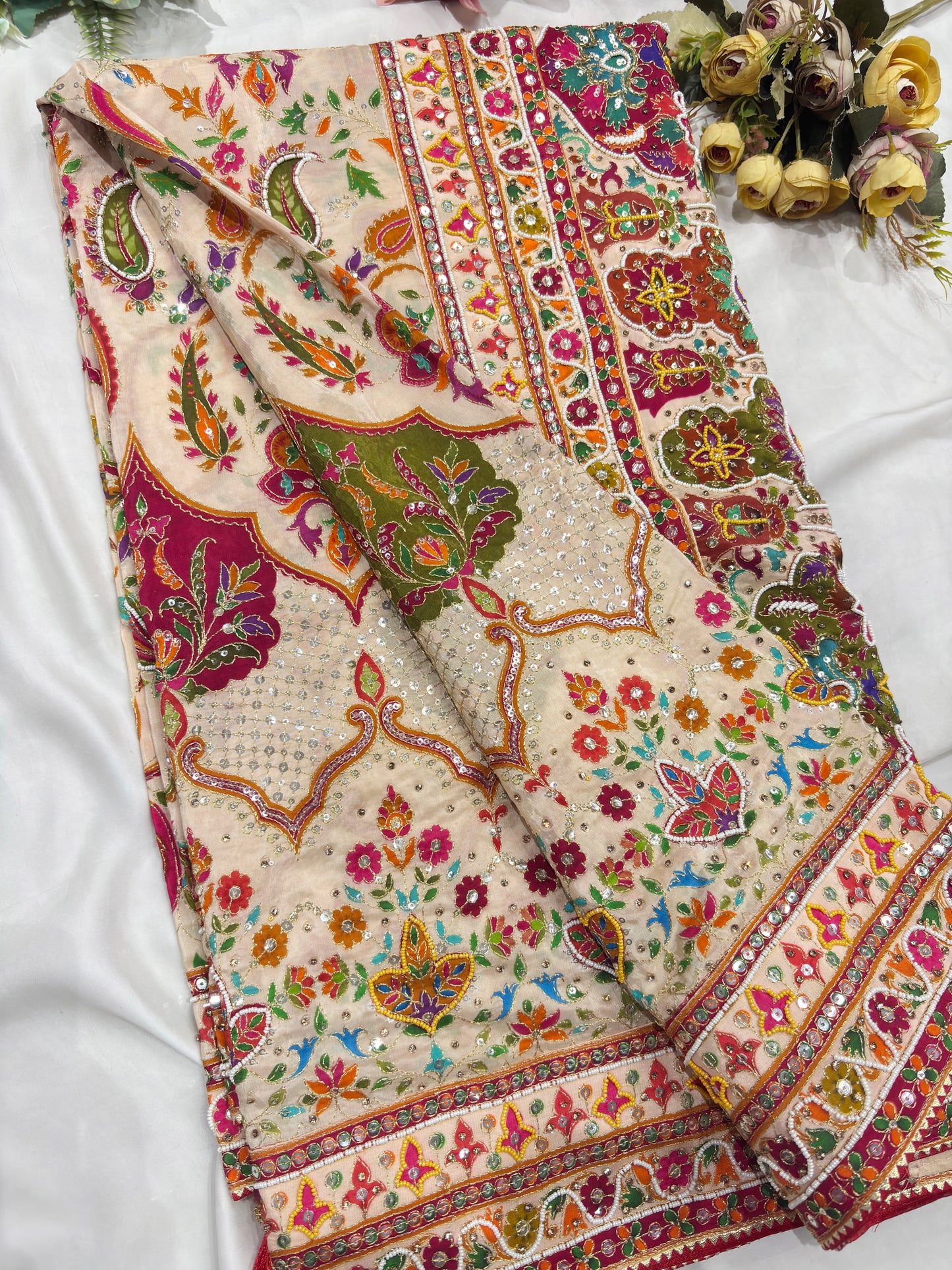 Silk Cream Designer Embroidered Saree with Multicolor Floral Work Blouse
