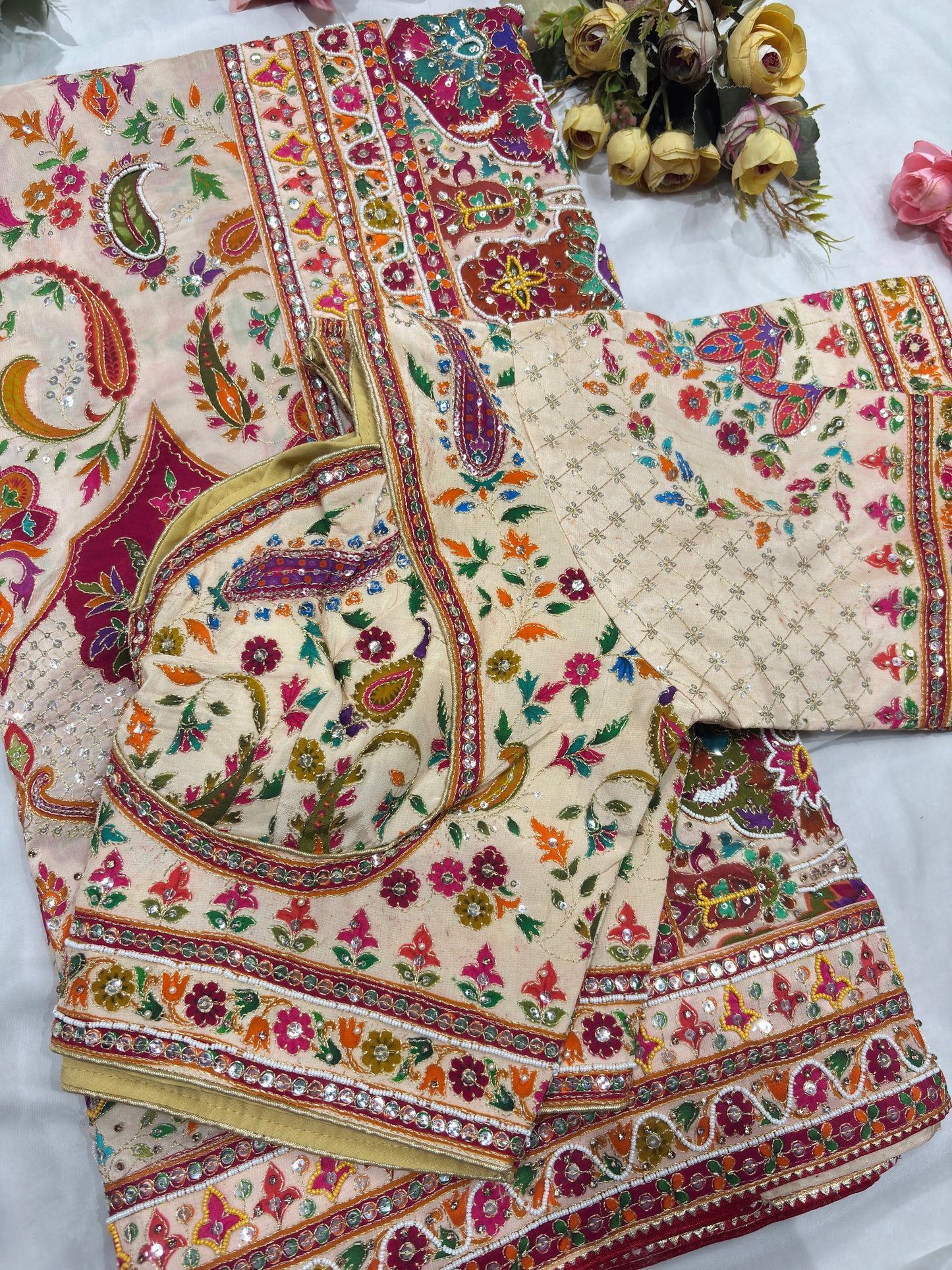 Silk Cream Designer Embroidered Saree with Multicolor Floral Work Blouse