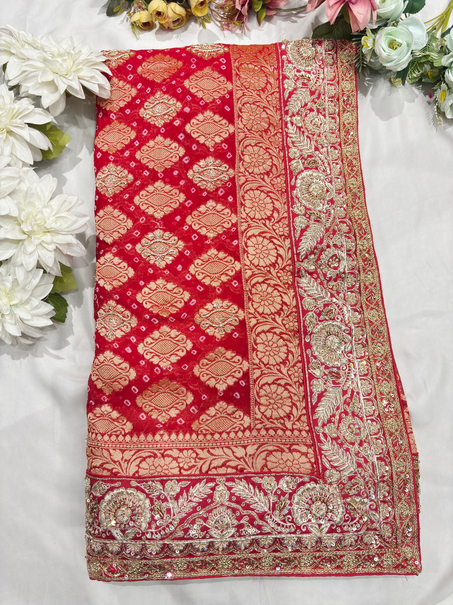 Red Banarasi Khaddi Georgette Saree with Heavy Zari Embroidered Border