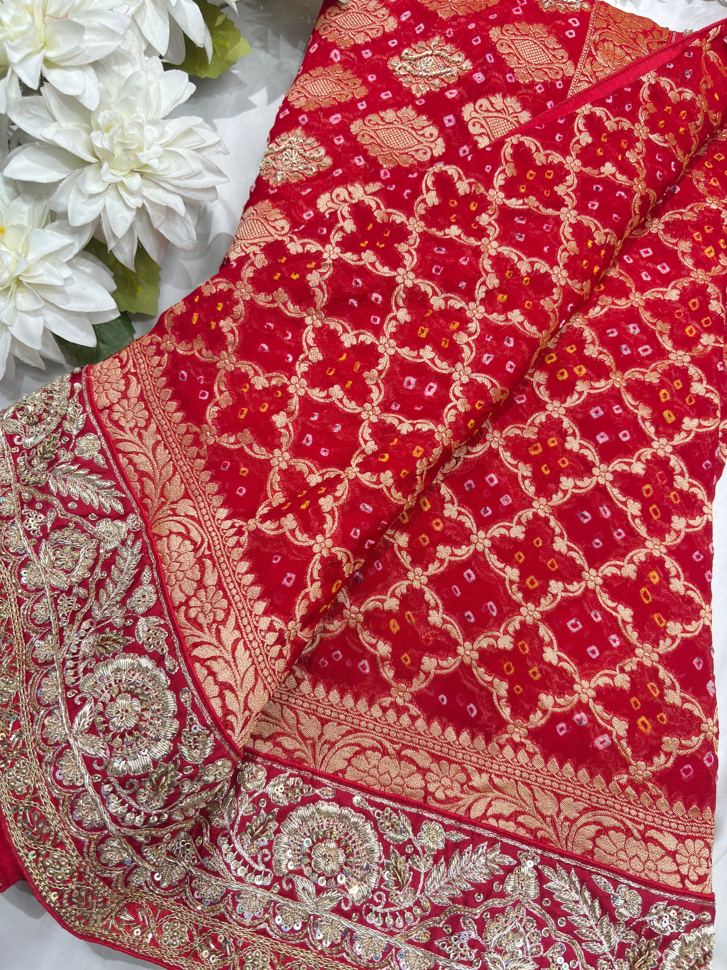 Red Banarasi Khaddi Georgette Saree with Heavy Zari Embroidered Border