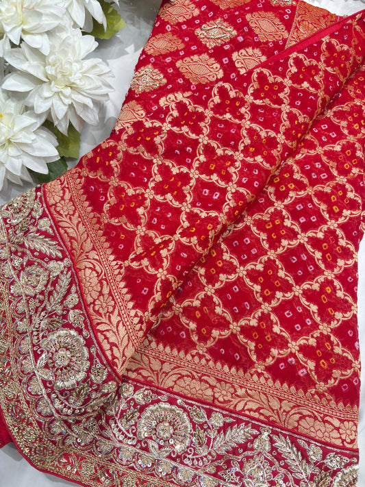 Red Banarasi Khaddi Georgette Saree with Heavy Zari Embroidered Border