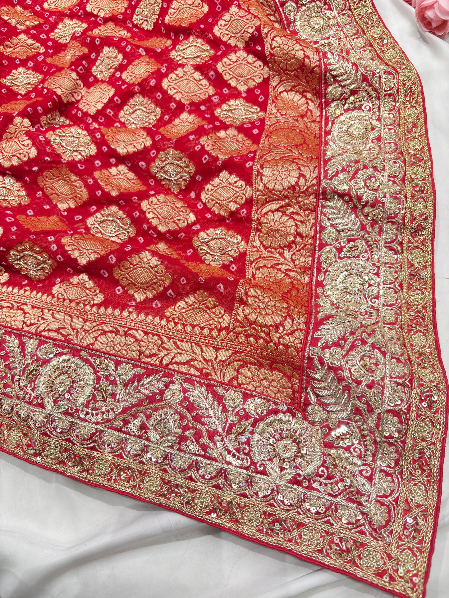 Red Banarasi Khaddi Georgette Saree with Heavy Zari Embroidered Border