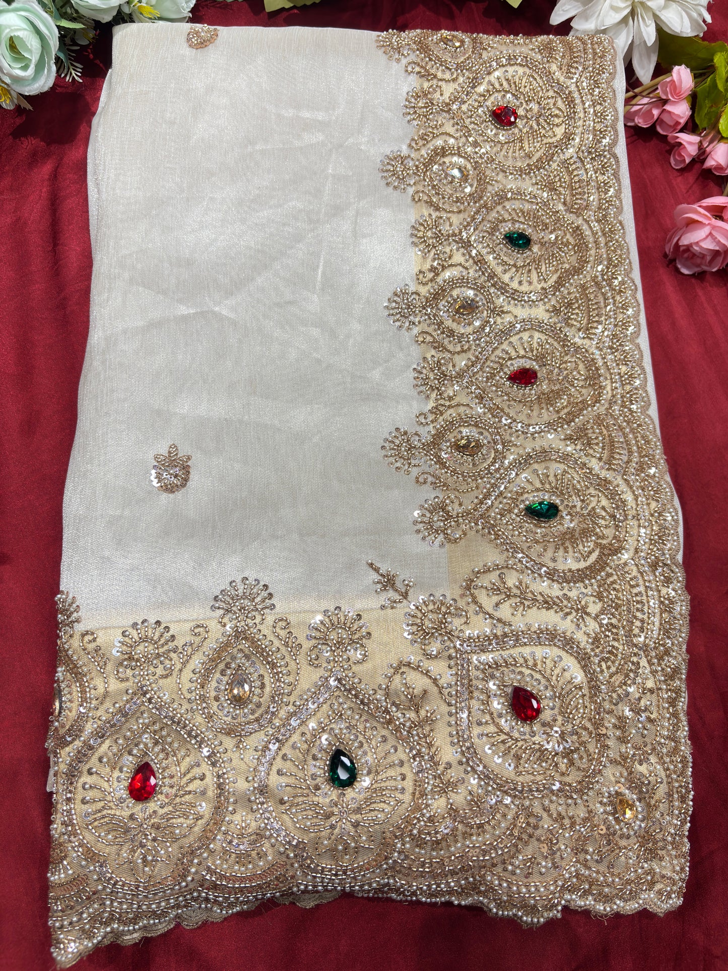 Tissue Ivory Designer Bridal Saree with Heavy Handwork Blouse