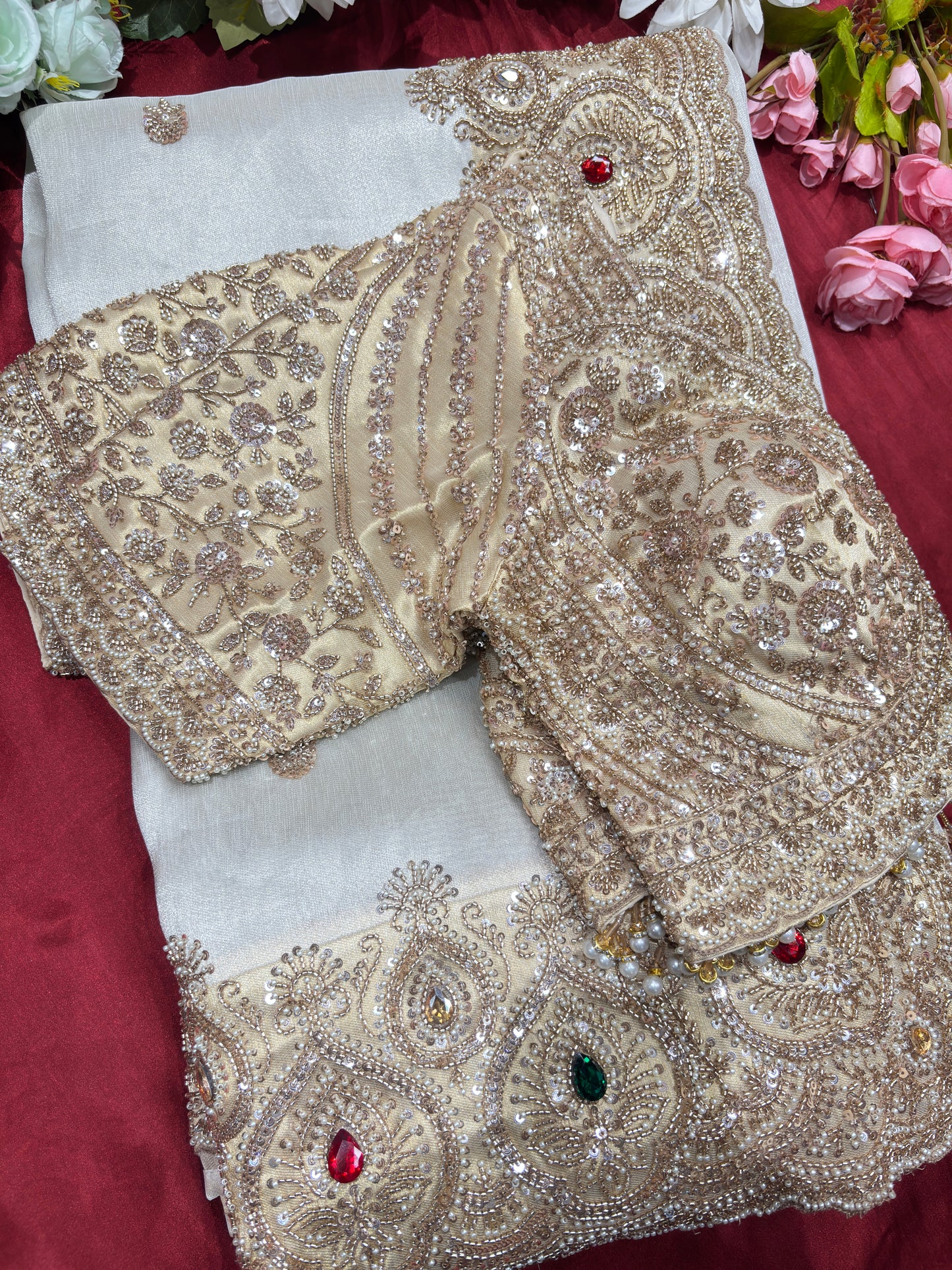 Tissue Ivory Designer Bridal Saree with Heavy Handwork Blouse