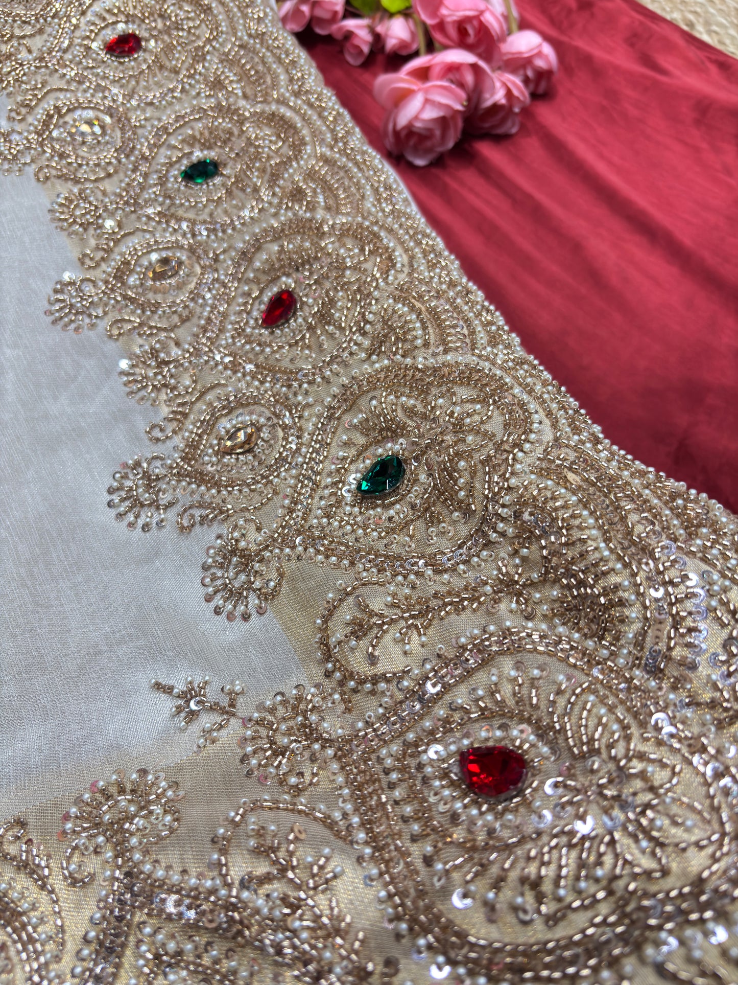 Tissue Ivory Designer Bridal Saree with Heavy Handwork Blouse