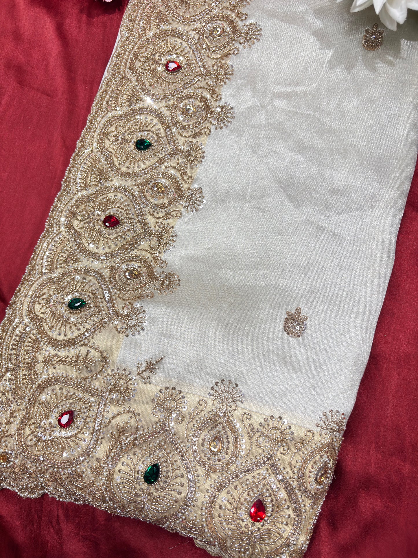 Tissue Ivory Designer Bridal Saree with Heavy Handwork Blouse