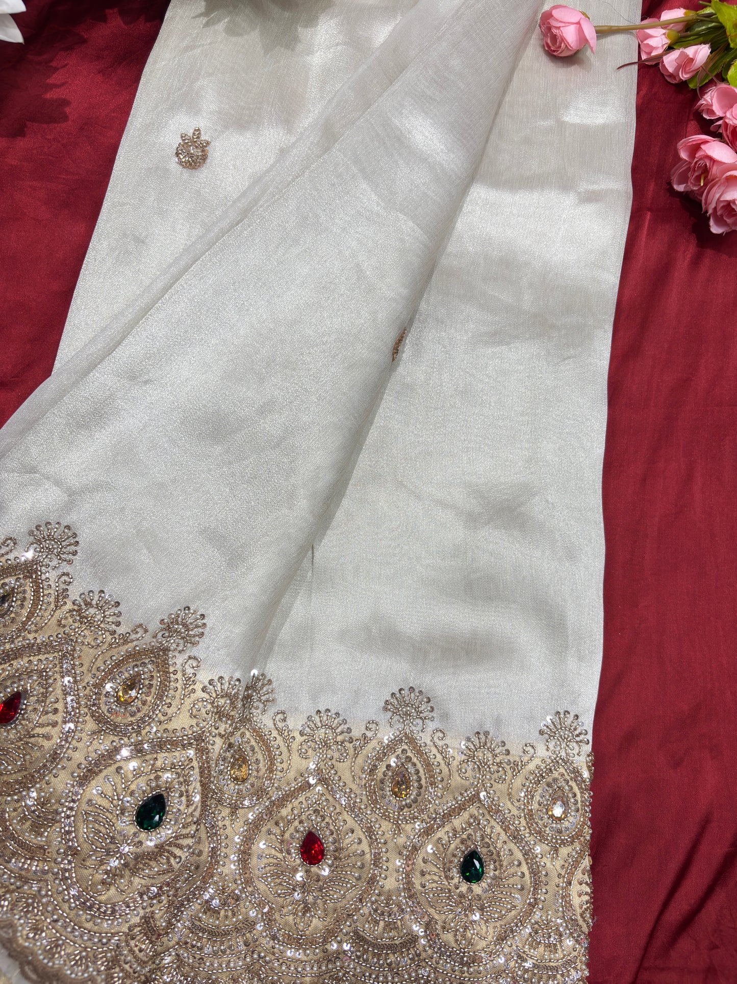 Tissue Ivory Designer Bridal Saree with Heavy Handwork Blouse