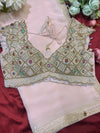 Glass Tisuue Baby Pink Designer Saree with Heavy Pearl & Ruby Work Blouse