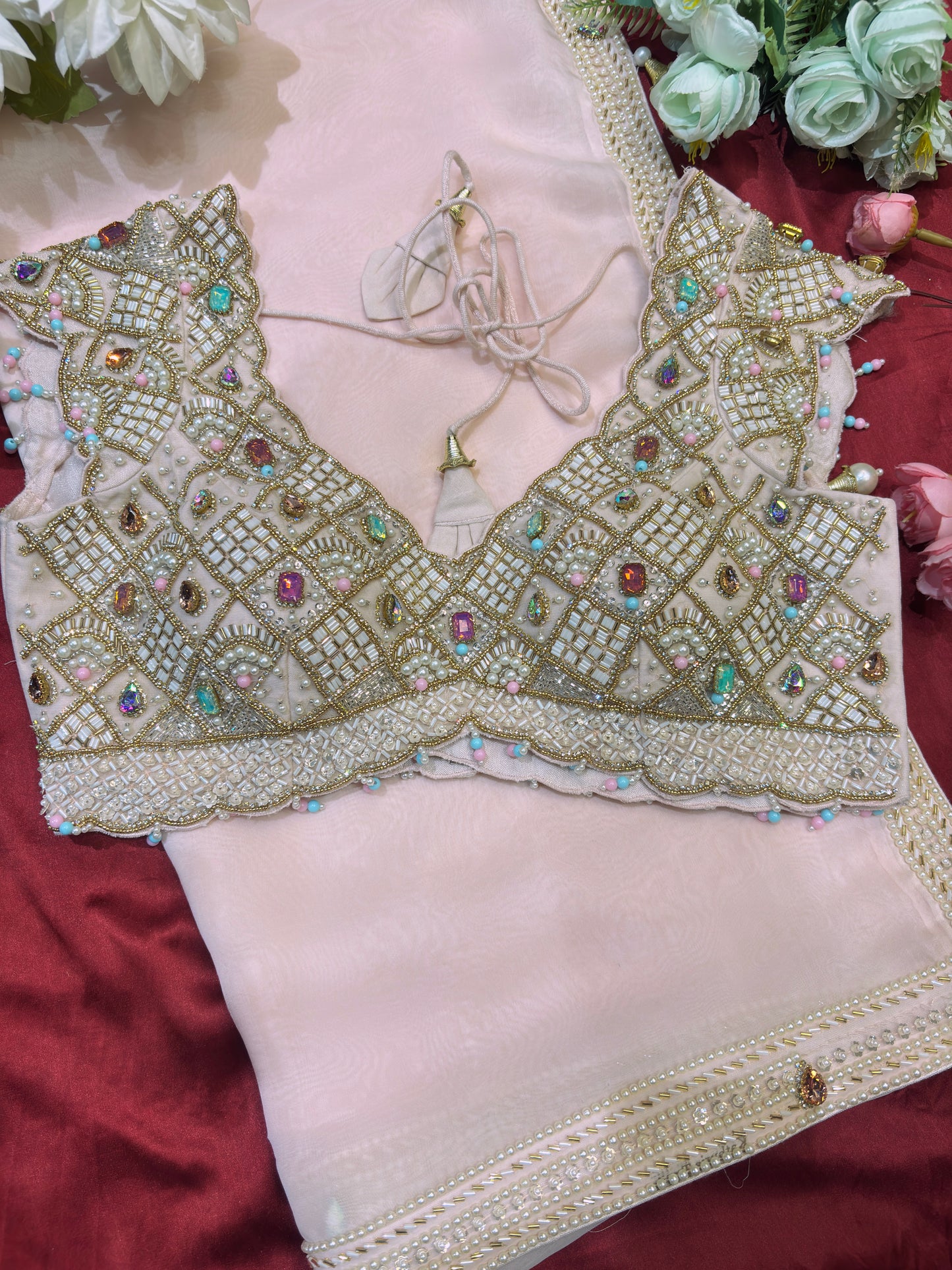 Glass Tisuue Baby Pink Designer Saree with Heavy Pearl & Ruby Work Blouse
