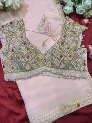 Glass Tisuue Baby Pink Designer Saree with Heavy Pearl & Ruby Work Blouse