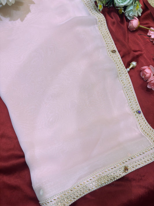 Glass Tisuue Baby Pink Designer Saree with Heavy Pearl & Ruby Work Blouse