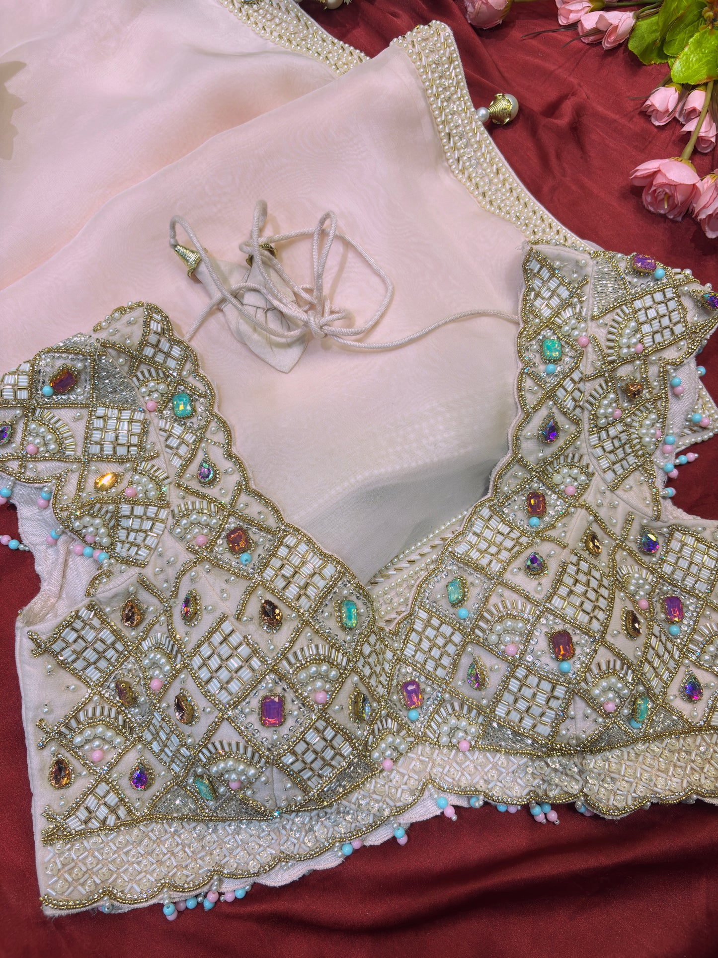 Glass Tisuue Baby Pink Designer Saree with Heavy Pearl & Ruby Work Blouse
