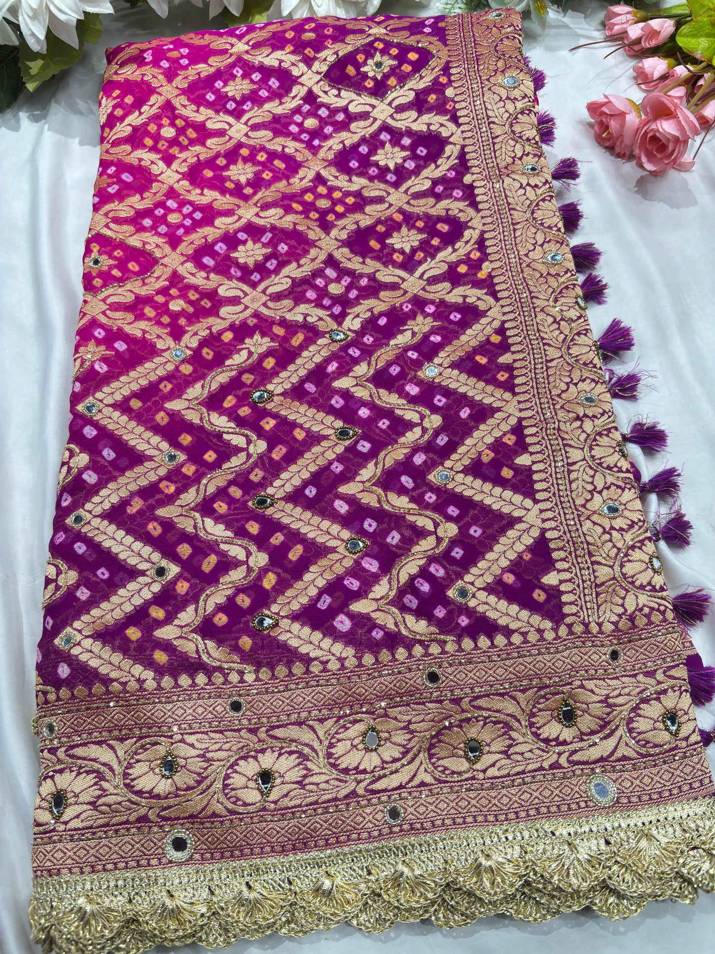 Purple Khaddi Georgette Bandhani Saree with Zari Weaving Mirror Work