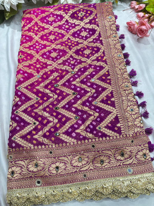 Purple Khaddi Georgette Bandhani Saree with Zari Weaving Mirror Work