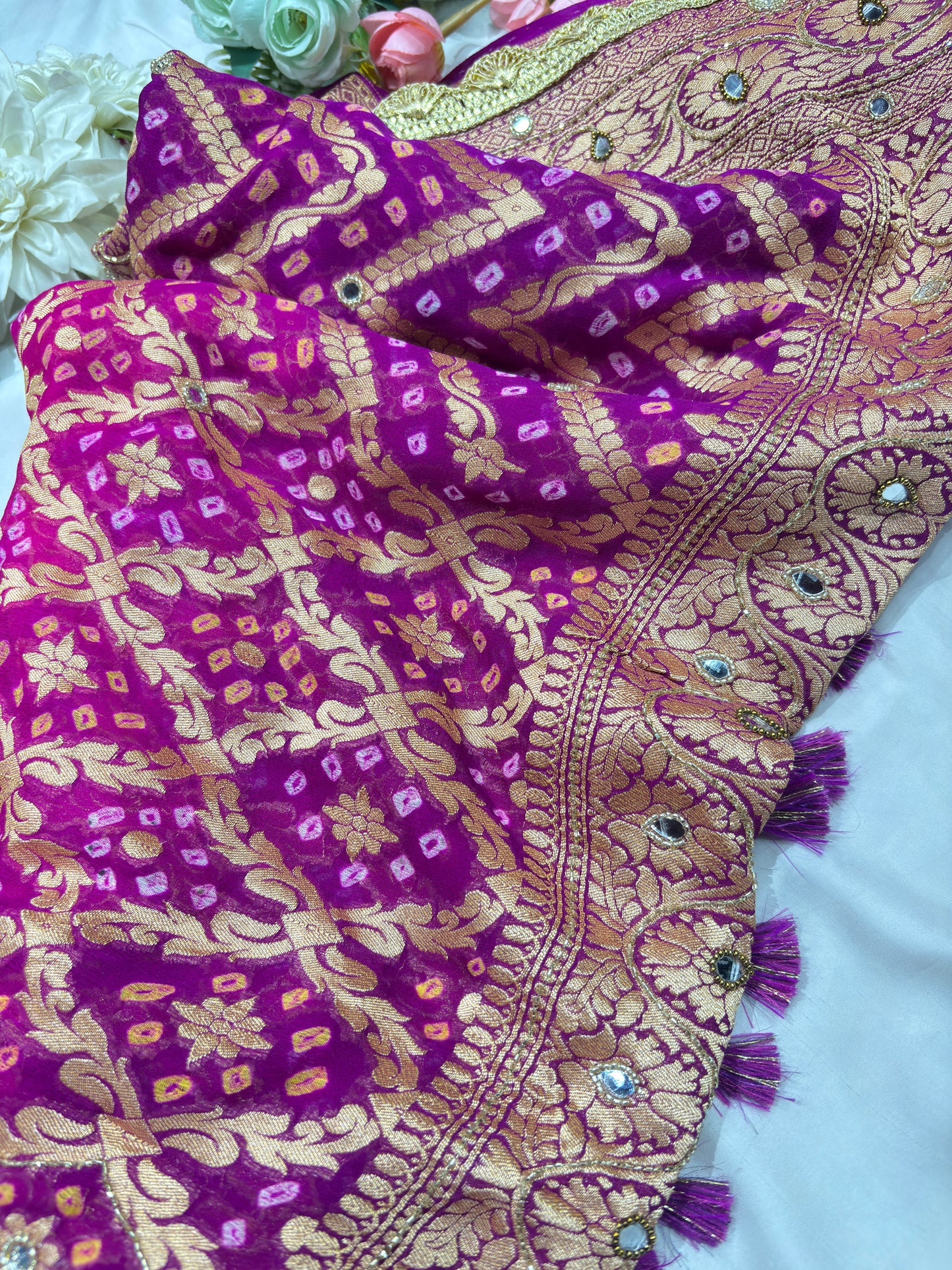 Purple Khaddi Georgette Bandhani Saree with Zari Weaving Mirror Work
