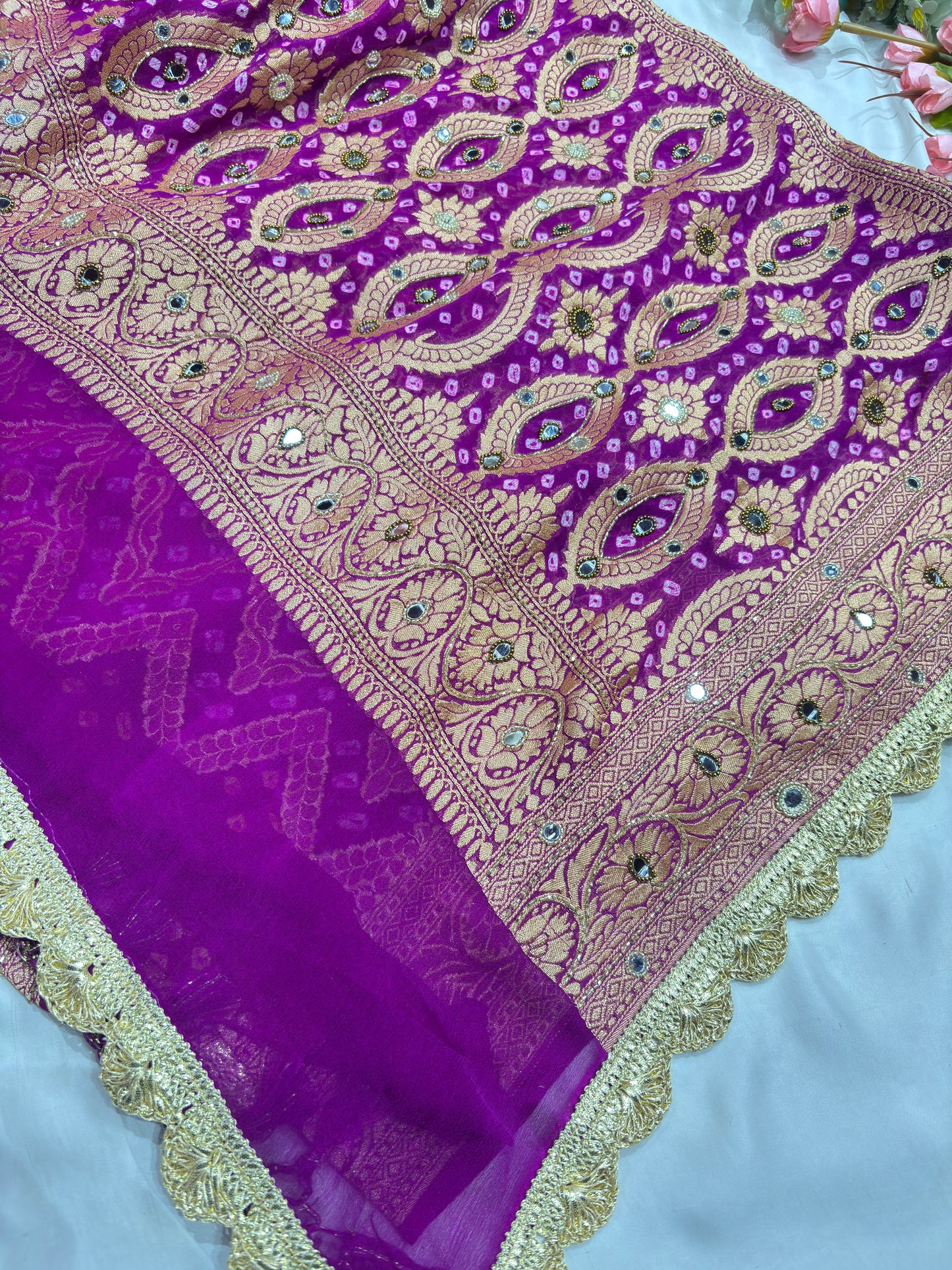 Purple Khaddi Georgette Bandhani Saree with Zari Weaving Mirror Work
