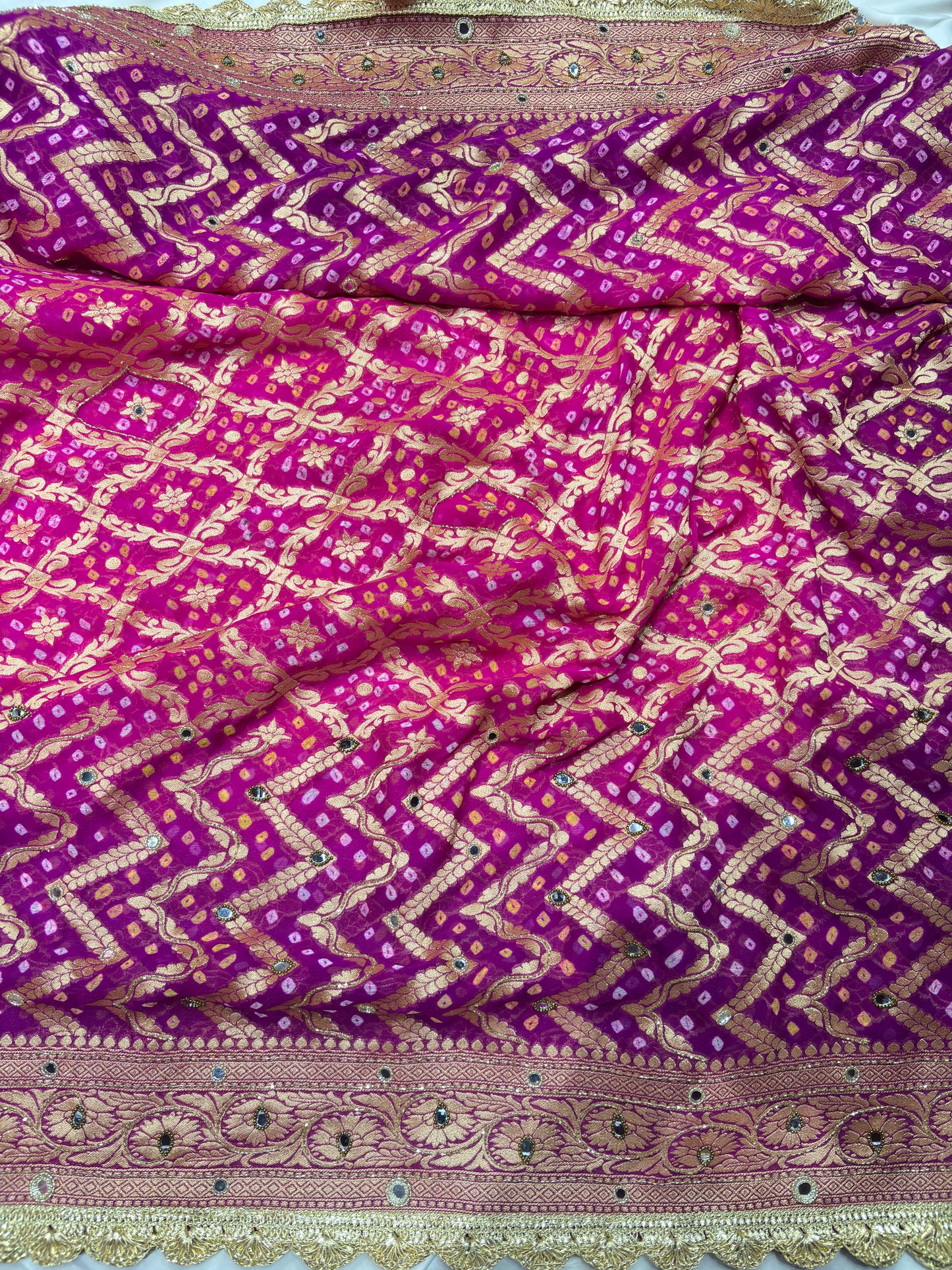Purple Khaddi Georgette Bandhani Saree with Zari Weaving Mirror Work