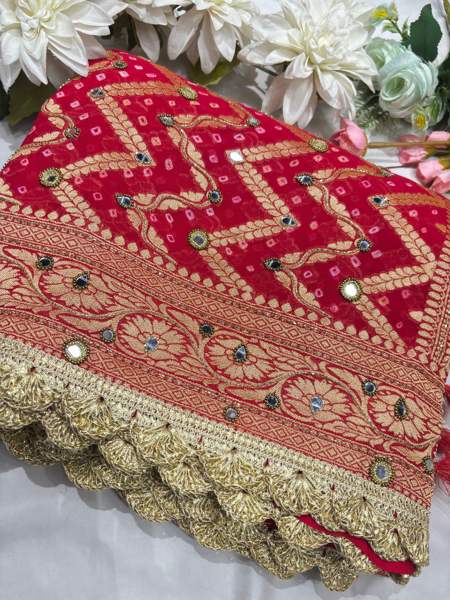Khaddi Georgette Red Bandhani Saree with Zari Weaving Mirror Work