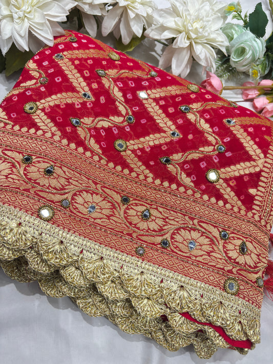 Khaddi Georgette Red Bandhani Saree with Zari Weaving Mirror Work