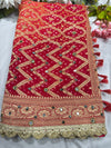 Khaddi Georgette Red Bandhani Saree with Zari Weaving Mirror Work