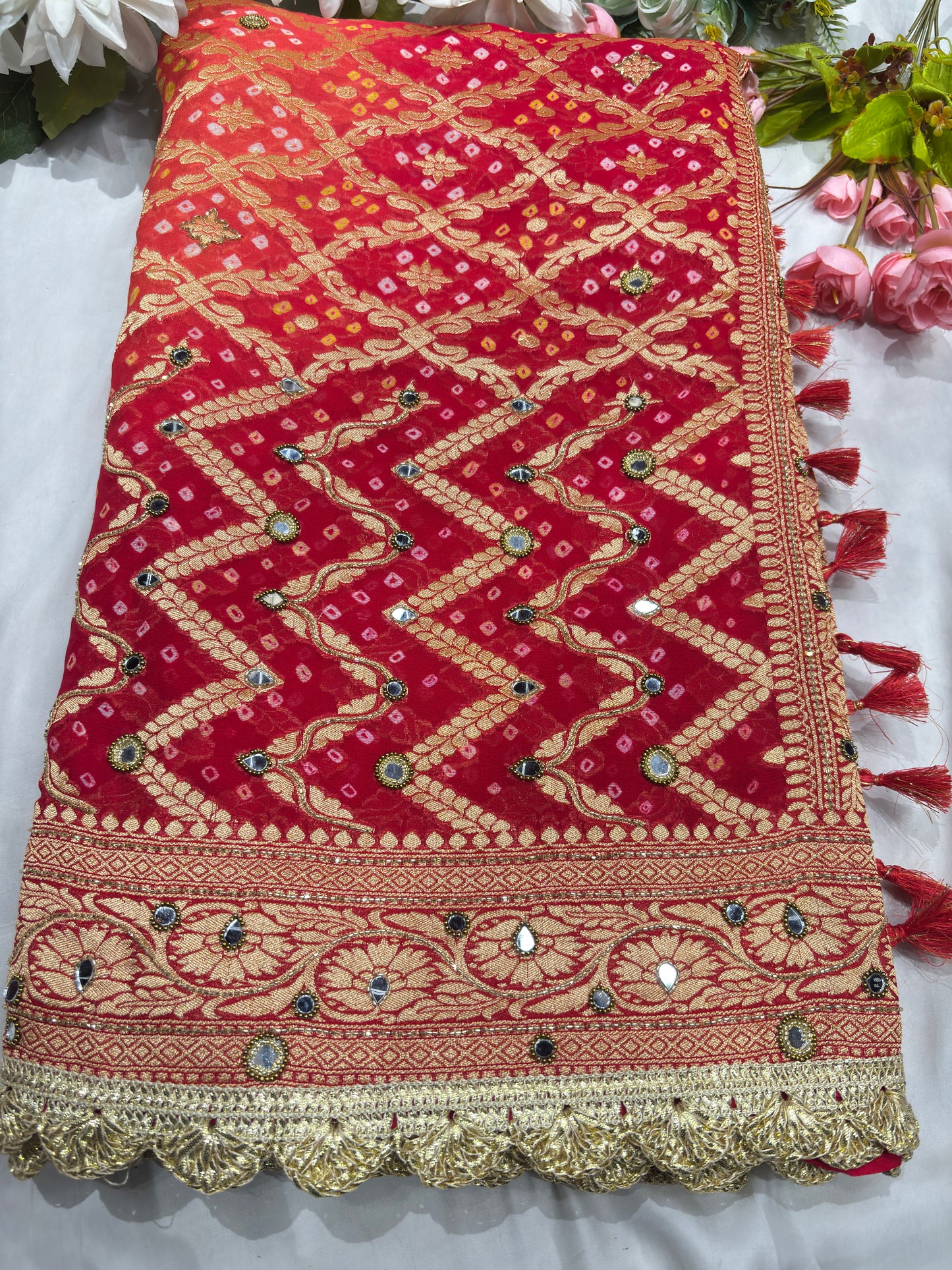 Khaddi Georgette Red Bandhani Saree with Zari Weaving Mirror Work