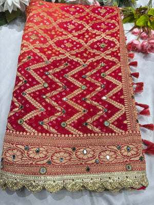 Khaddi Georgette Red Bandhani Saree with Zari Weaving Mirror Work