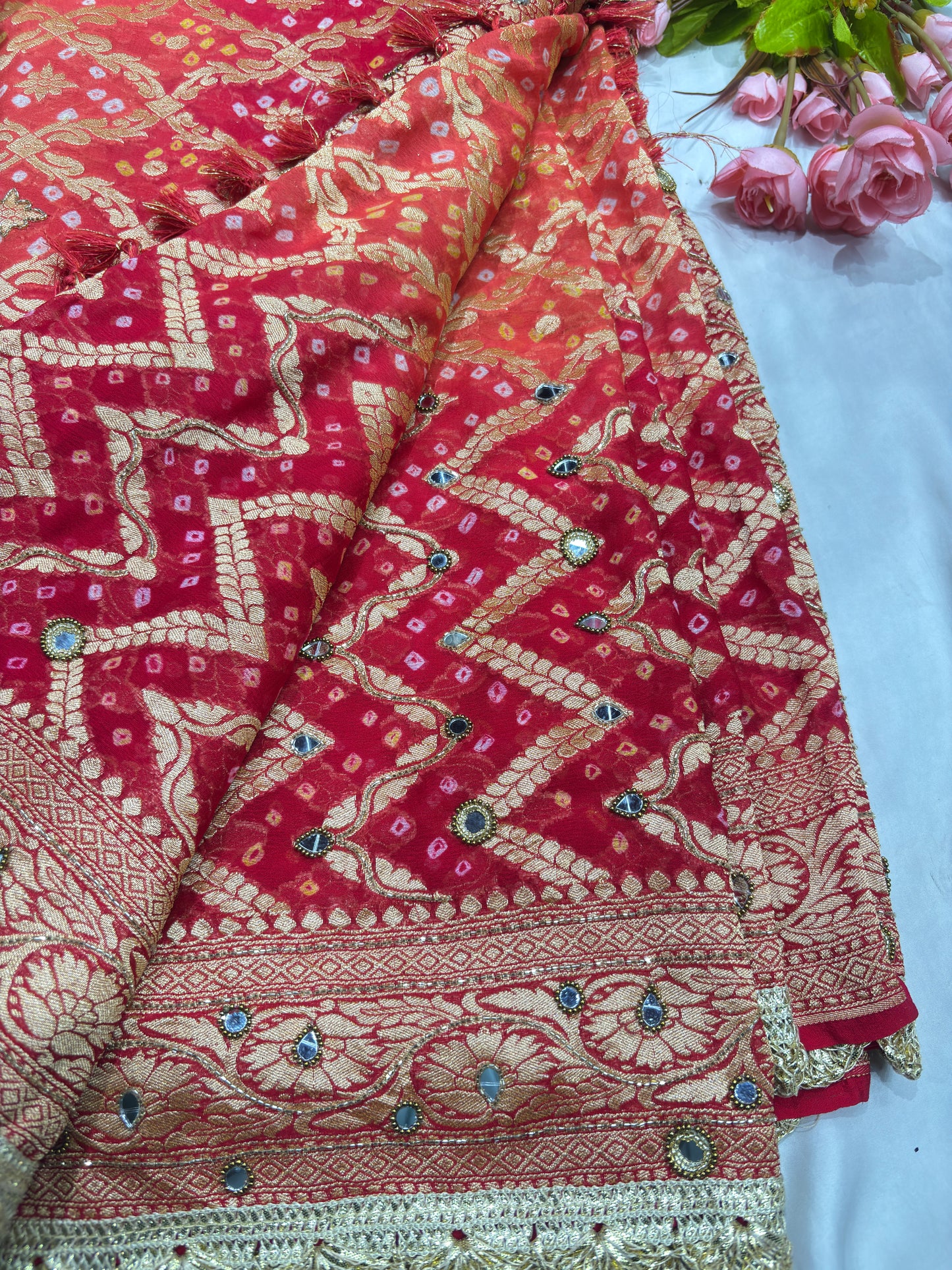 Khaddi Georgette Red Bandhani Saree with Zari Weaving Mirror Work