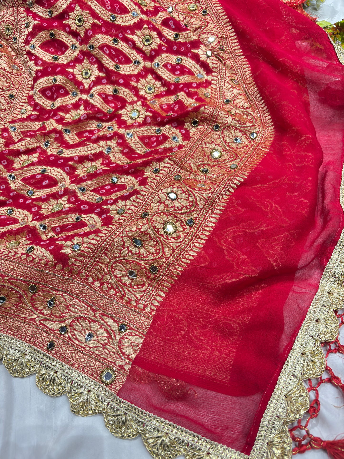 Khaddi Georgette Red Bandhani Saree with Zari Weaving Mirror Work