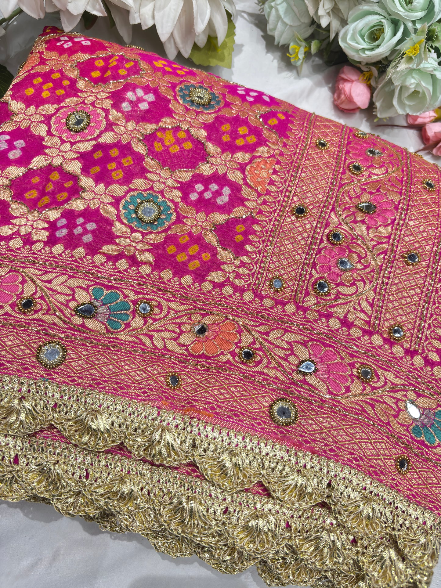 Rani Pink Khaddi Georgette Saree with Floral Weaving Mirror Work
