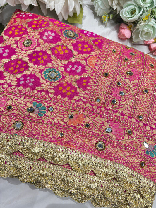 Rani Pink Khaddi Georgette Saree with Floral Weaving Mirror Work