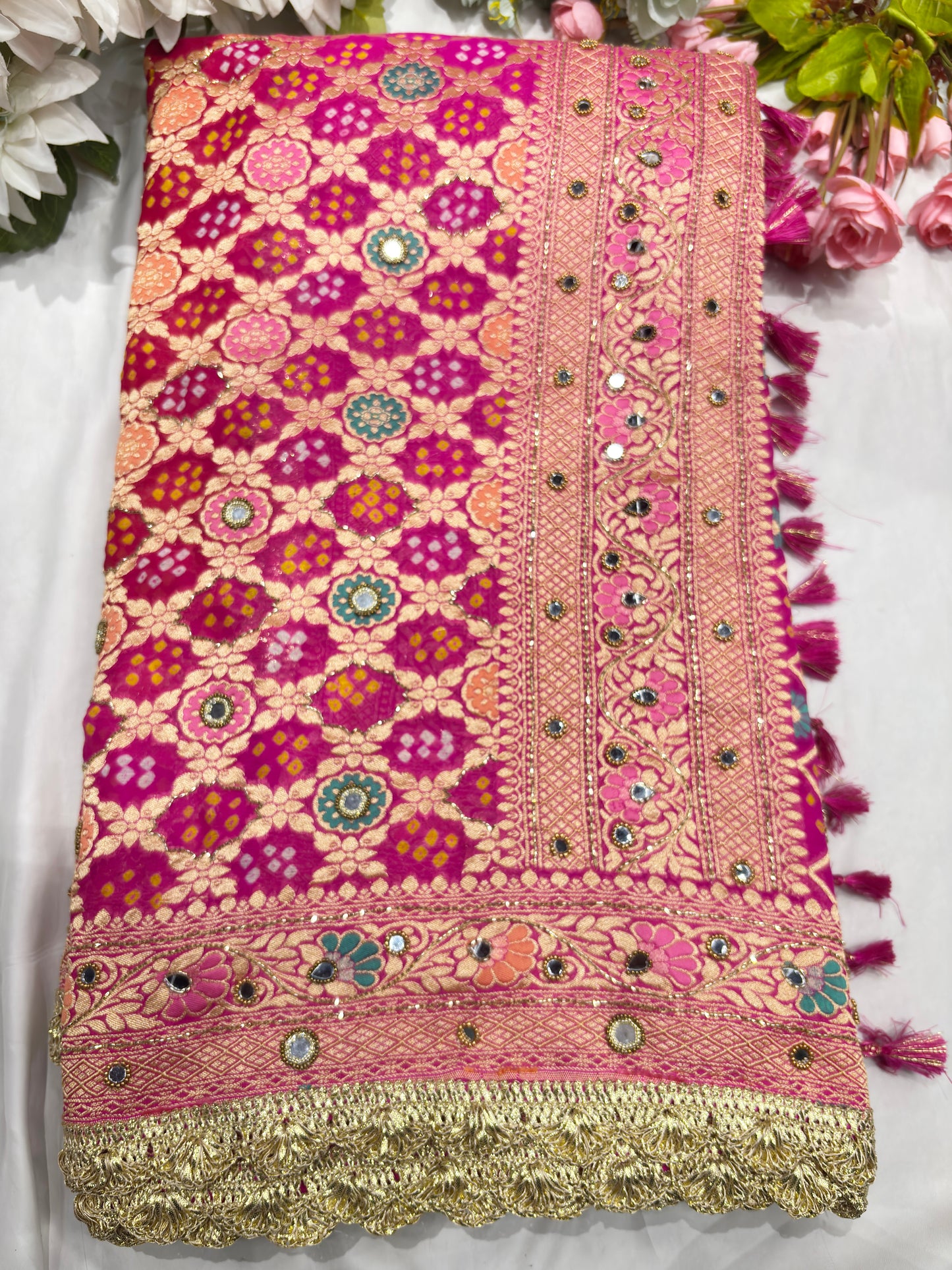 Rani Pink Khaddi Georgette Saree with Floral Weaving Mirror Work
