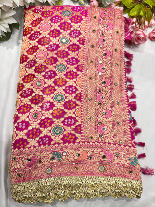Rani Pink Khaddi Georgette Saree with Floral Weaving Mirror Work