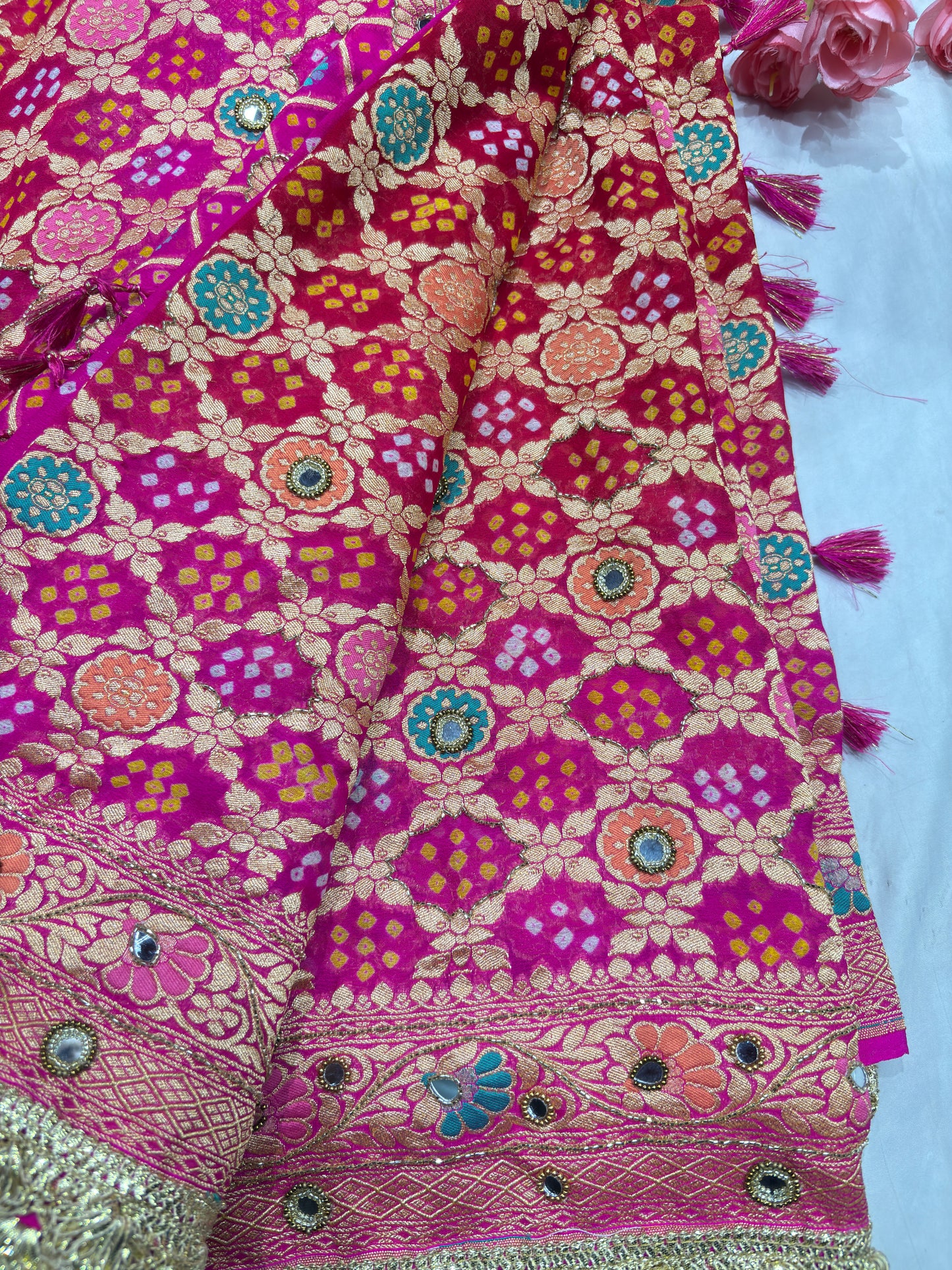 Rani Pink Khaddi Georgette Saree with Floral Weaving Mirror Work
