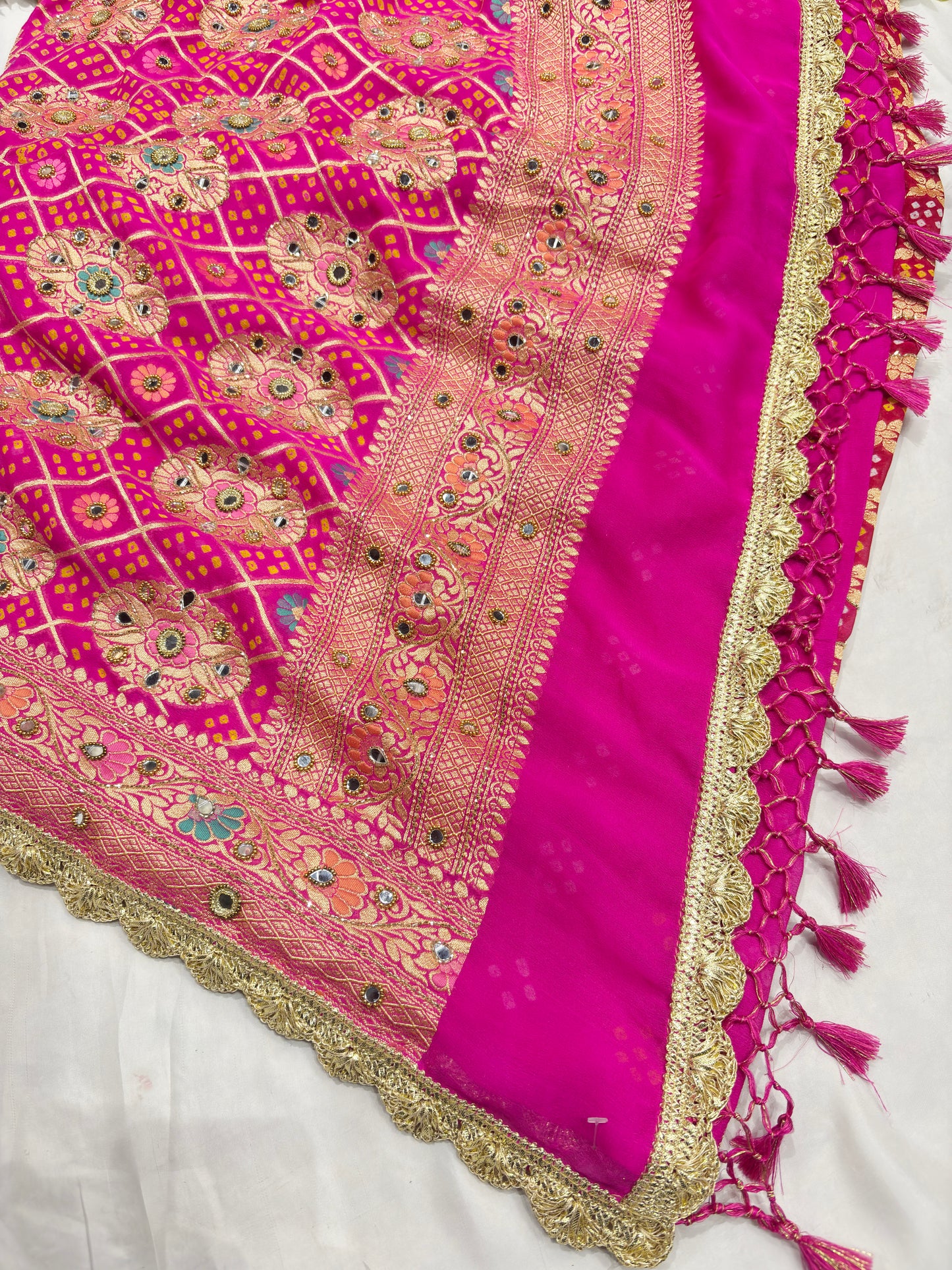 Rani Pink Khaddi Georgette Saree with Floral Weaving Mirror Work