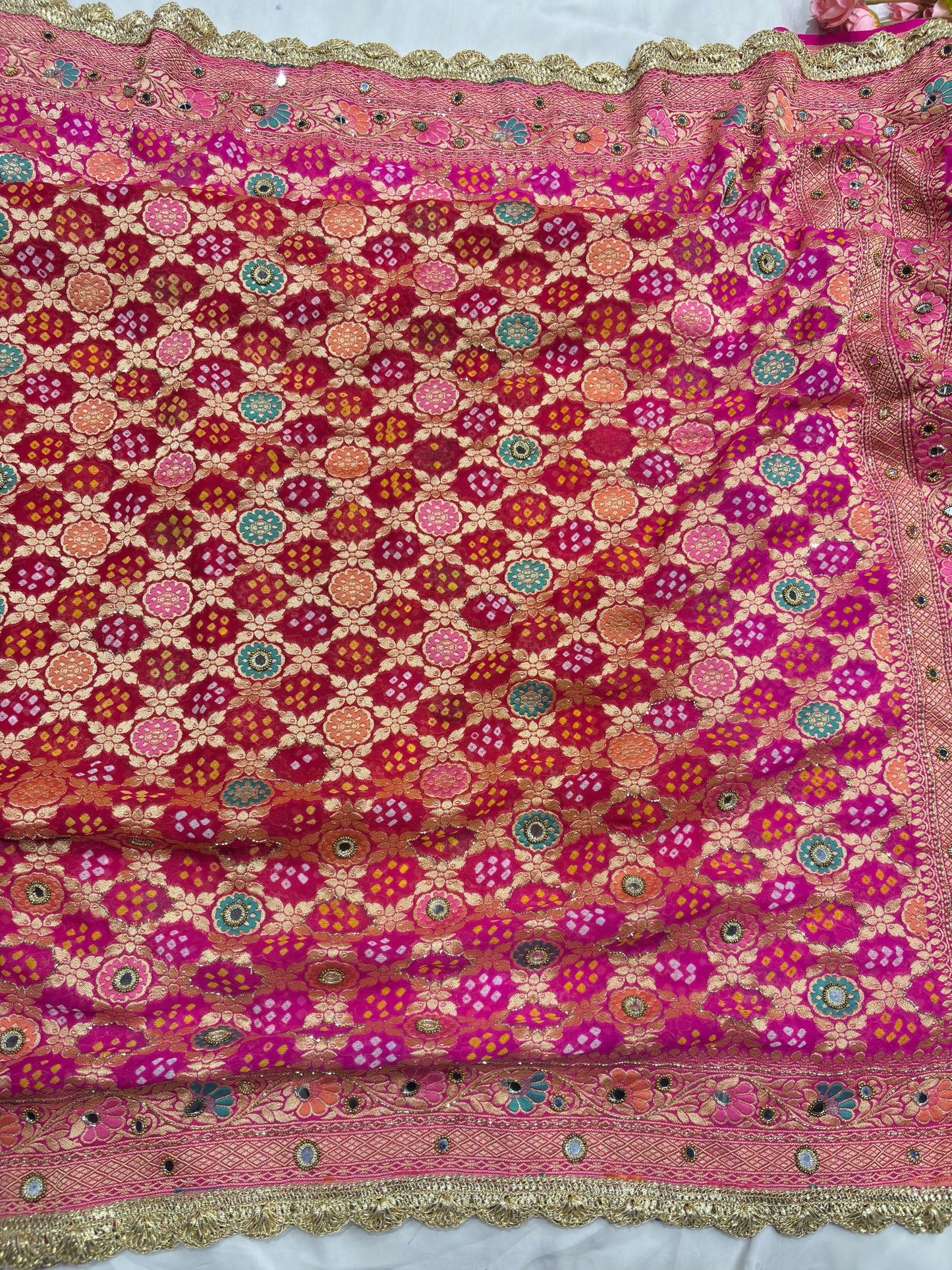 Rani Pink Khaddi Georgette Saree with Floral Weaving Mirror Work
