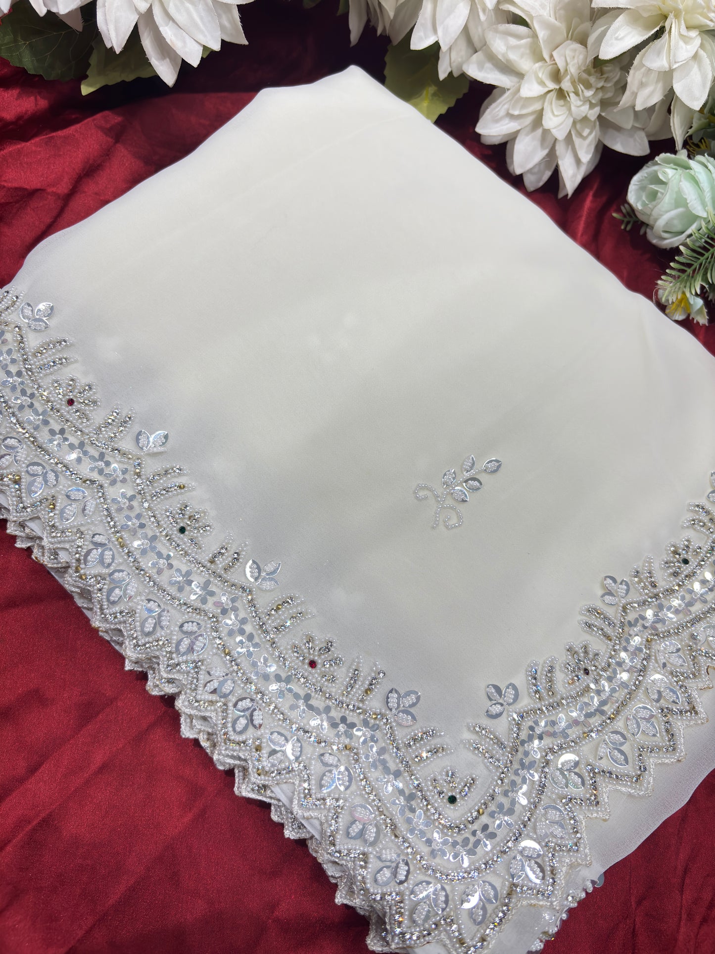 White Handwork Georgette Saree Premium Sequins & Cutdana Border