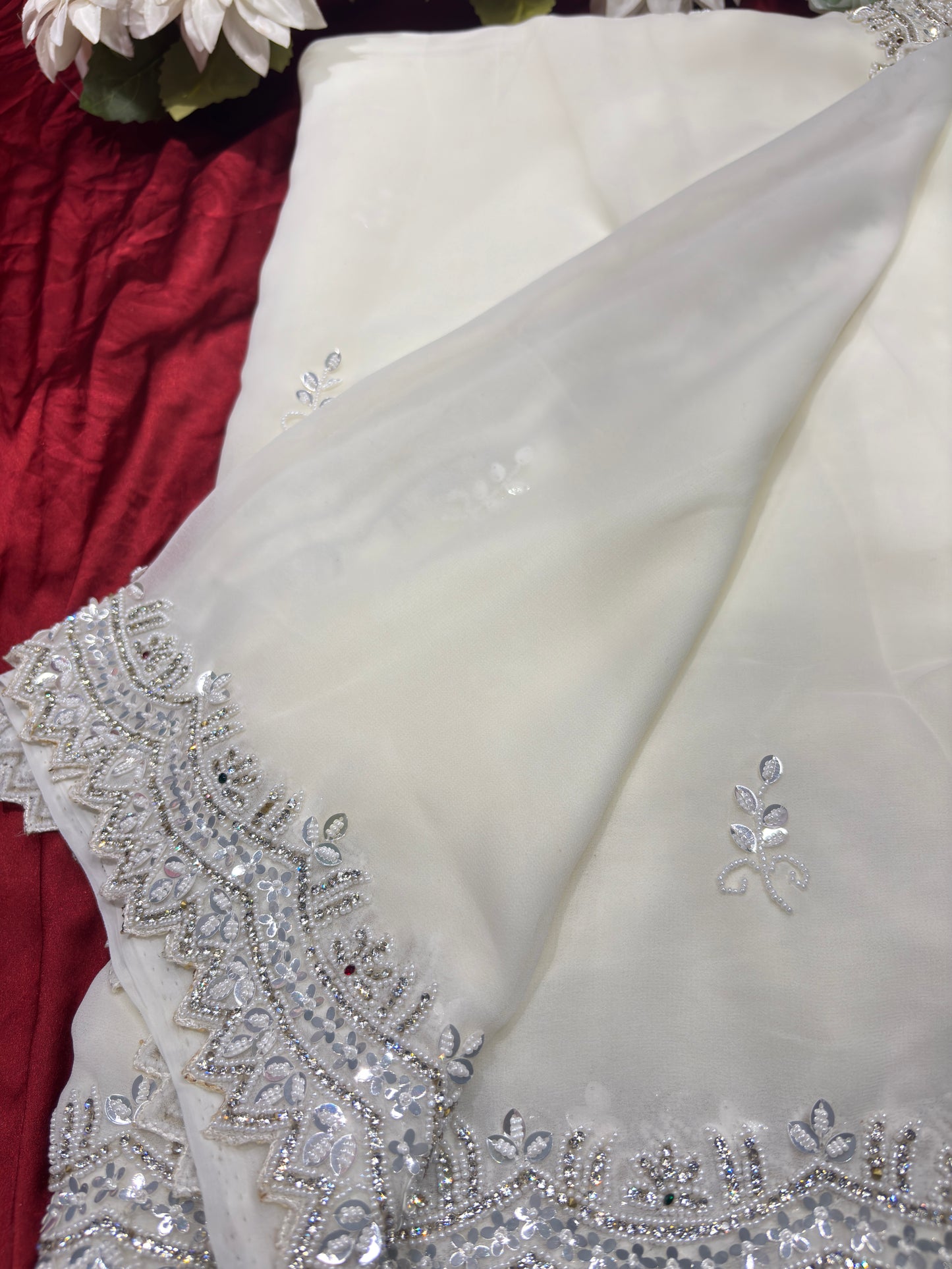 White Handwork Georgette Saree Premium Sequins & Cutdana Border