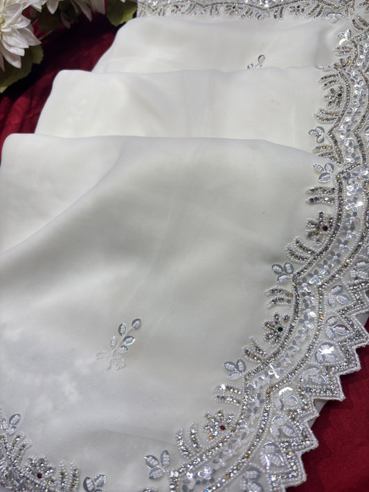 White Handwork Georgette Saree Premium Sequins & Cutdana Border