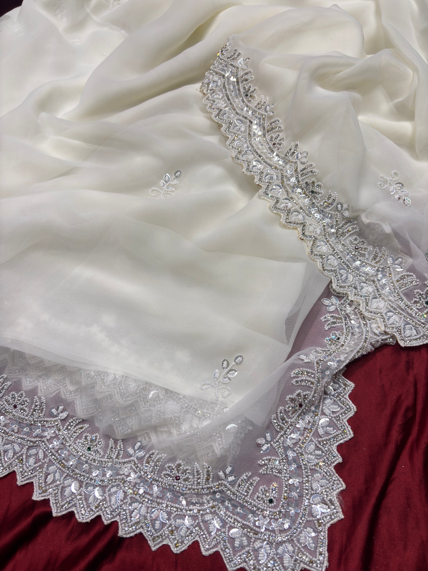 White Handwork Georgette Saree Premium Sequins & Cutdana Border