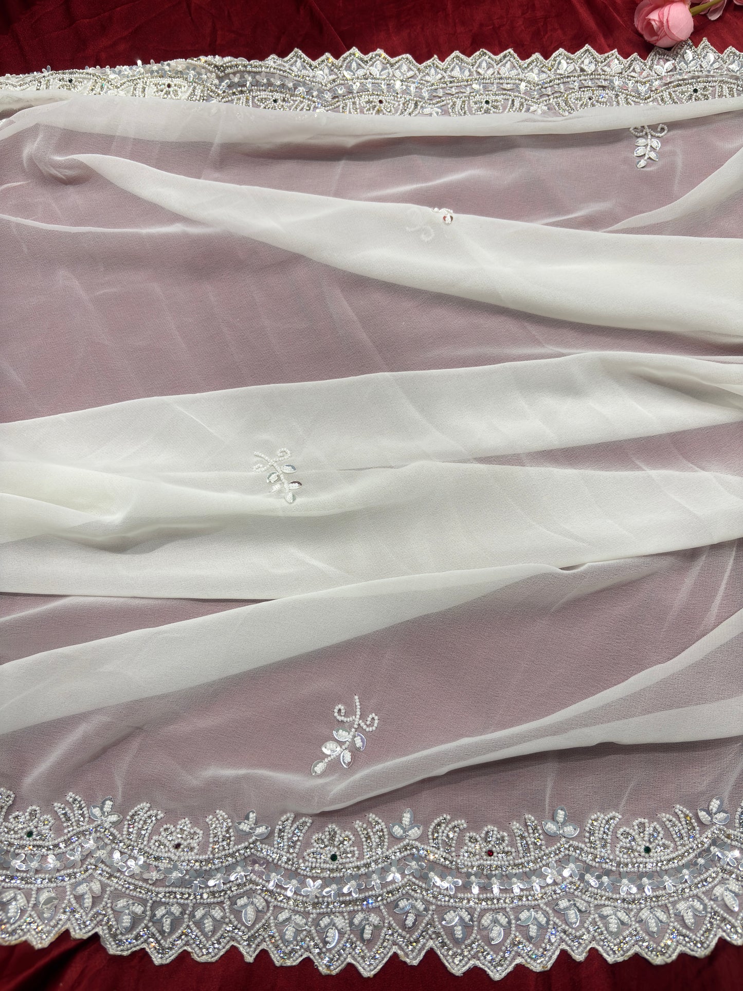 White Handwork Georgette Saree Premium Sequins & Cutdana Border
